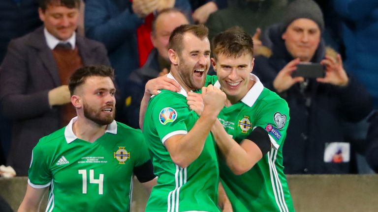 Niall McGinn celebrates opening the scoring for Northern Ireland against Estonia in the European Qualifier