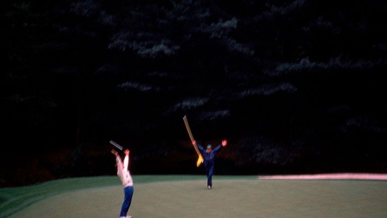 Nick Faldo celebrates after holing the winning putt in the 1989 Masters