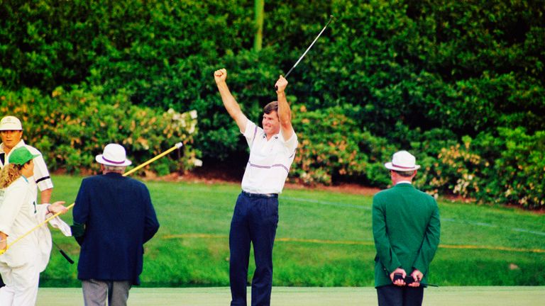 Nick Faldo celebrates holing the winning putt in the 1990 Masters