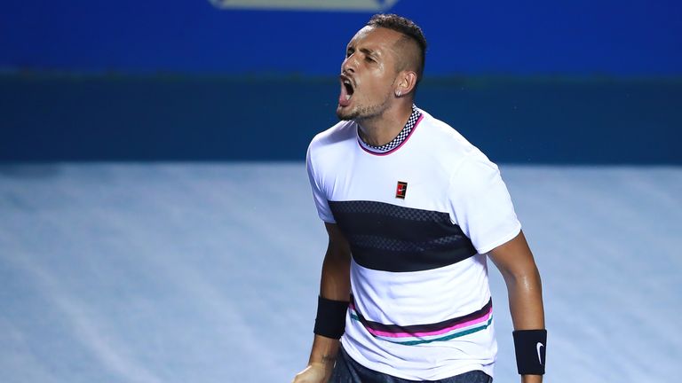 Nick Kyrgios of Australia celebrates after winning his match against Rafael Nadal of Spain as part of the day 3 of the Telcel Mexican Open 2019 at Mextenis Stadium on February 27, 2019 in Acapulco, Mexico.