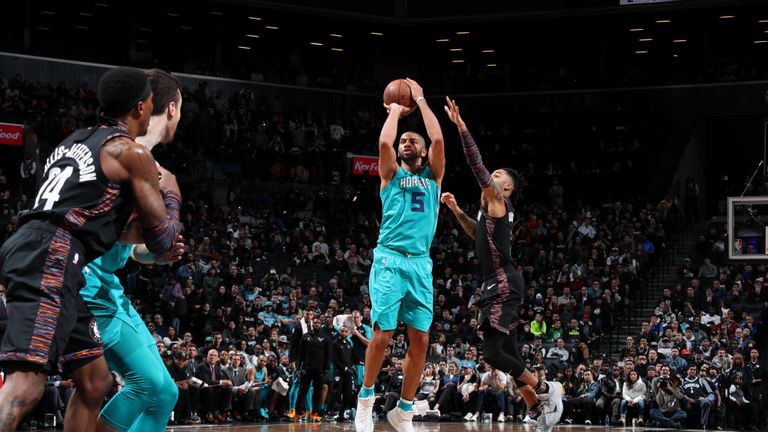 Nicolas Batum of the Charlotte Hornets shoots the ball against the Brooklyn Nets