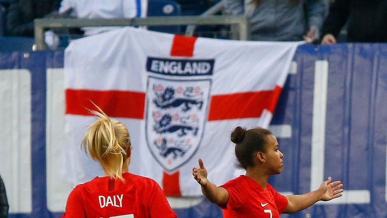Nikita Parris #7 of England is congratulated by teammate Rachel Daley #17 after scoring a goal against the United States during the second half of the 2019 SheBelieves Cup match between the United States and England at Nissan Stadium on March 2, 2019 in Nashville, Tennessee