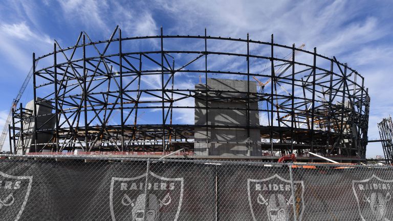 Construction continues on the site of the Raiders USD 1.8 billion, glass-domed stadium on December 20, 2018 in Las Vegas, Nevada. The stadium is scheduled to be open for the Raiders and the UNLV Rebels football teams in 2020.
