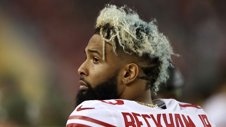 Odell Beckham #13 of the New York Giants stands on the sidelines during their NFL game against the San Francisco 49ers at Levi's Stadium on November 12, 2018 in Santa Clara, California.