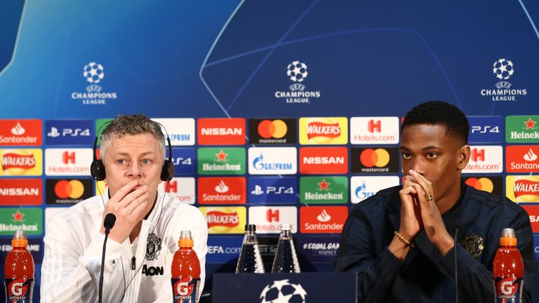 Ole Gunnar Solskjaer, Interim Manager of Manchester United and Anthony Martial of Manchester United look on during a press conference ahead of their UEFA Champions League Round of 16 match against Paris Saint-Germain F.C. at Aon Training Complex on February 11, 2019 in Manchester, England.