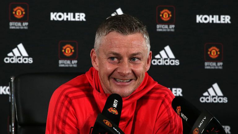 Caretaker Manager Ole Gunnar Solskjaer of Manchester United speaks during a press conference at Aon Training Complex on February 22, 2019 in Manchester, England.