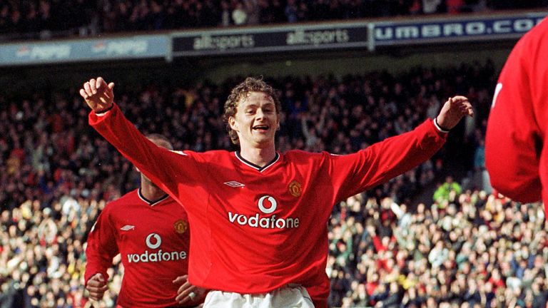 Solskjaer celebrates his goal in United's 6-1 win in 2001