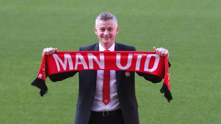 Ole Gunnar Solskjaer is seen during a photo call at Old Trafford after it was announced that he was appointed as the clubs full-time manager on a three-year contract