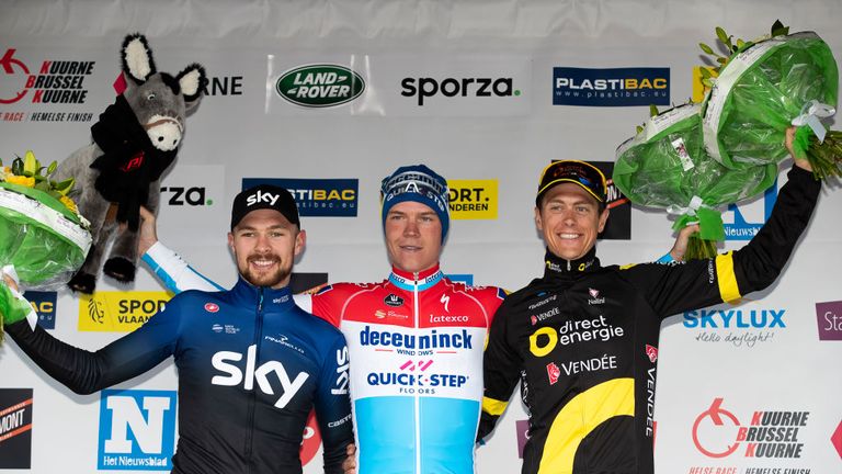 (L-R) Owain Doull. Bob Jungels and Niki Terpstra on Kuurne-Brussels-Kuurne podium