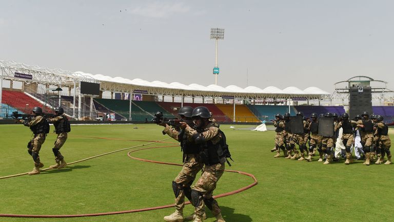 akistani paramilitary soldiers take part in a drill exercise at the National Cricket Stadium in Karachi on March 7, 2019, ahead of the Pakistan Super League (PSL) matches. 