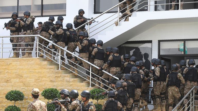 Pakistani paramilitary soldiers take part in a drill exercise at the National Cricket Stadium in Karachi on March 7, 2019, ahead of the Pakistan Super League (PSL) matches. 