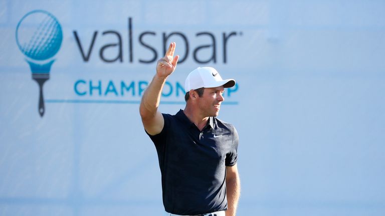 Paul Casey celebrates after tapping in the winning putt at the Valspar Championship
