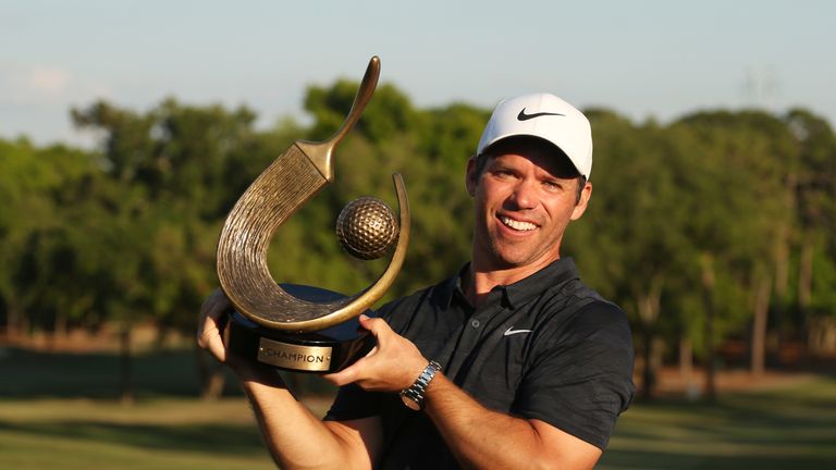 Paul Casey proudly displays the trophy after winning the Valspar Championship once again