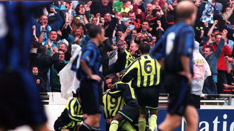 Paul Dickov is mobbed by team-mates after his last-gasp equaliser against Gillingham in the 1999 Second Division play-off final