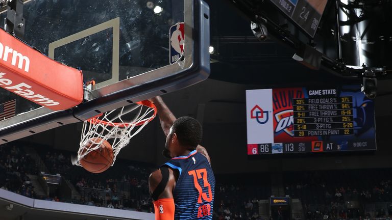 Paul George #13 of the Oklahoma City Thunder dunks the ball against the Memphis Grizzlies on March 25, 2019