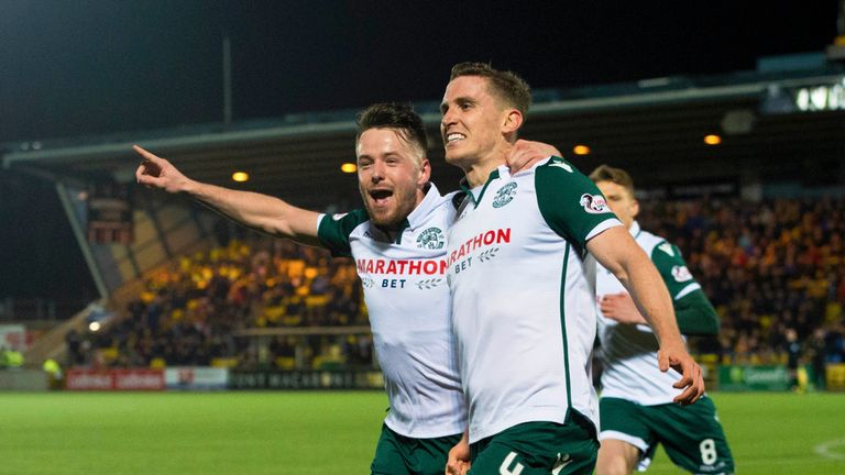 Hibernian's Paul Hanlon celebrates his goal to make it 1-0