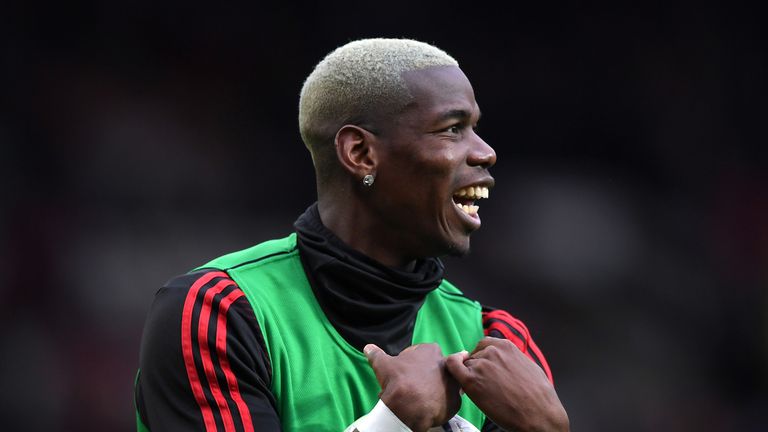 Paul Pogba of Manchester United warms up prior to the Premier League match between Manchester United and Southampton FC at Old Trafford on March 02, 2019 in Manchester, United Kingdom.