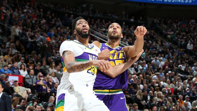 SALT LAKE CITY, UT - MARCH 4: Anthony Davis #23 of the New Orleans Pelicans and Rudy Gobert #27 of the Utah Jazz fight for the rebound on March 4, 2019 at vivint.SmartHome Arena in Salt Lake City, Utah. NOTE TO USER: User expressly acknowledges and agrees that, by downloading and or using this Photograph, User is consenting to the terms and conditions of the Getty Images License Agreement. Mandatory Copyright Notice: Copyright 2019 NBAE (Photo by Melissa Majchrzak/NBAE via Getty Images)