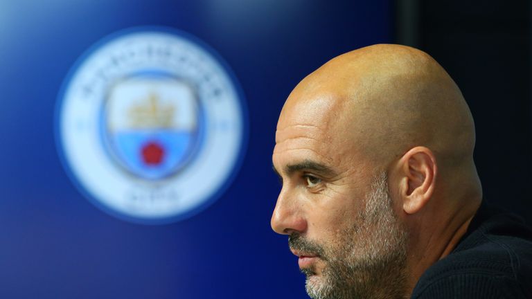 Josep Guardiola, Manager of Manchester City attends a Manchester City press conference at Manchester City Football Academy on November 6, 2018 in Manchester, England