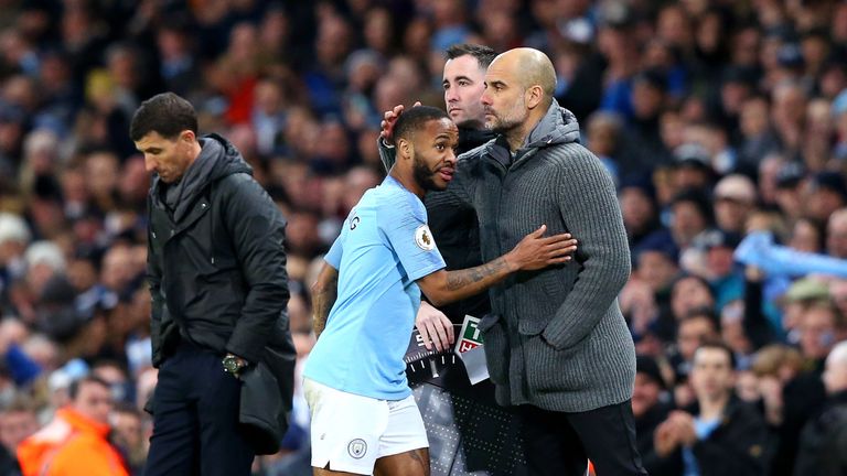 Pep Guardiola embraces Raheem Sterling as he comes off in the second-half