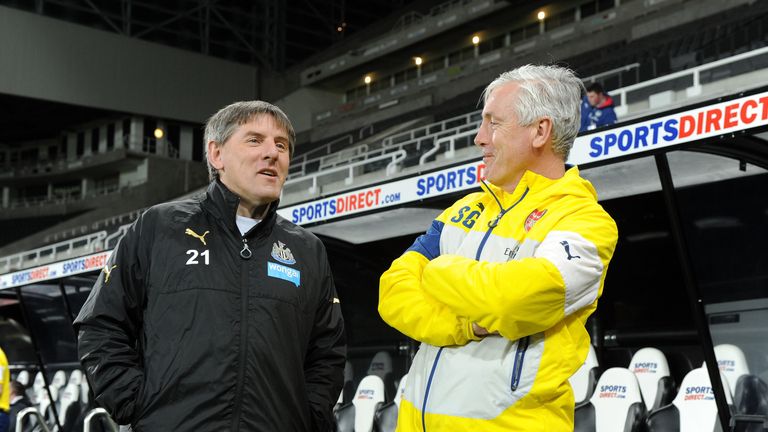 Peter Beardsley the Newcastle U21 Coach chats to Steve Gatting the Arsenal U21 Coach before the Barclays U21 Premier League match between Newcastle United and Arsenal at St. James Park on February 9, 2015 in Newcastle upon Tyne, England.