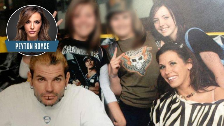 Peyton Royce takes a photo opportunity with Mickie James and Jeff Hardy