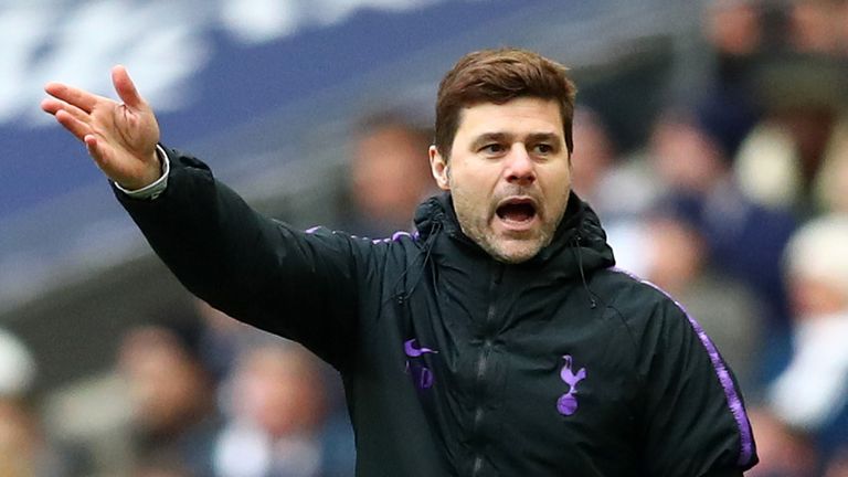Mauricio Pochettino, Manager of Tottenham Hotspur reacts during the Premier League match between Tottenham Hotspur and Leicester City at Wembley Stadium on February 10, 2019 in London, United Kingdom.