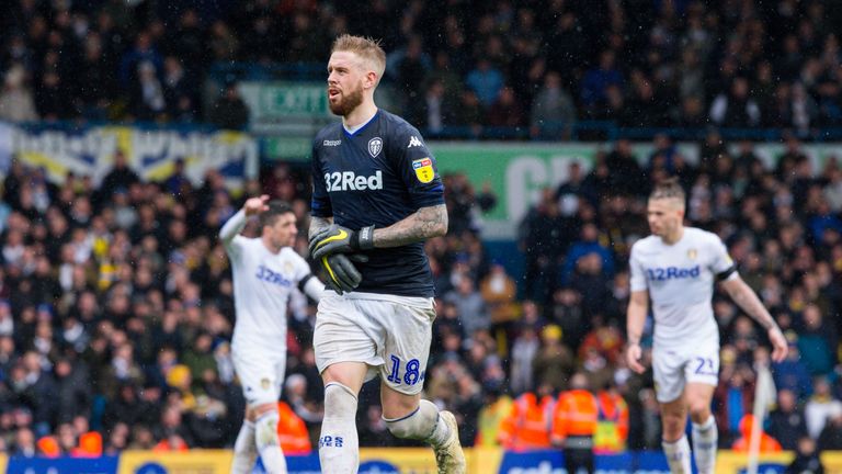 Leeds defender Pontus Jansson is forced to keep goal for the final few minutes