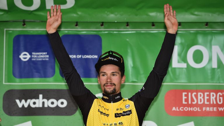 Primoz Roglic celebrates at the Tour of Britain