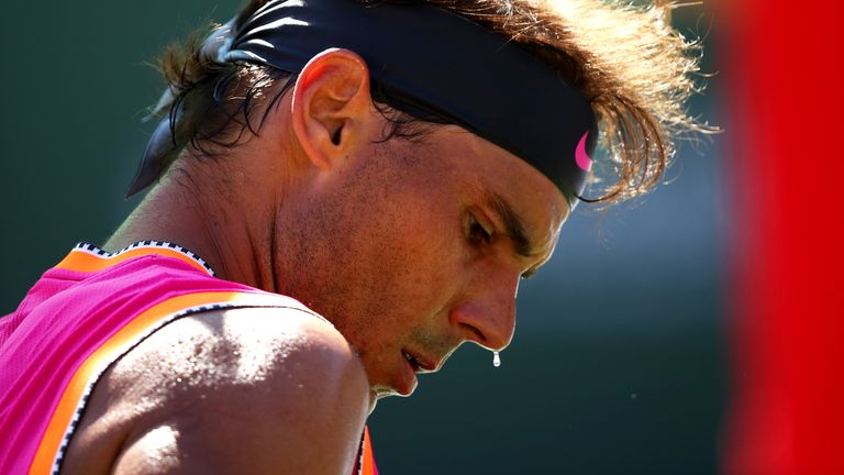 Rafael Nadal of Spain during the change of ends against Diego Schwartzman of Argentina during their men's singles third round match on day nine of the BNP Paribas Open at the Indian Wells Tennis Garden on March 12, 2019 in Indian Wells, California. 