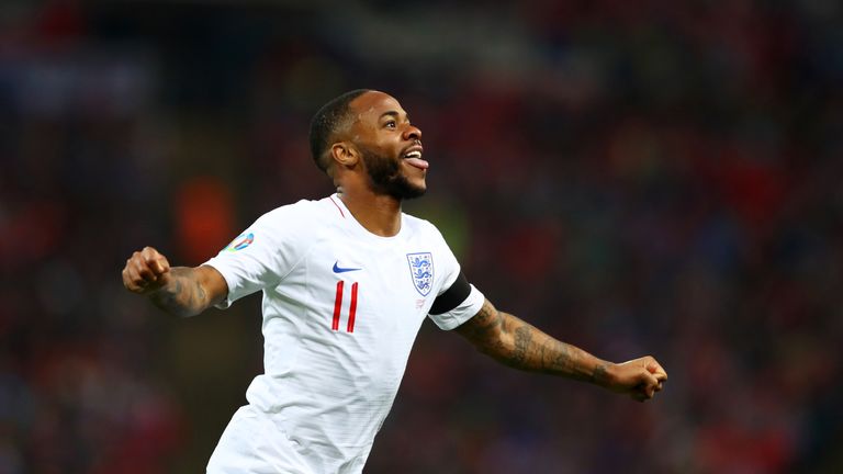 Raheem Sterling of England celebrates as he scores his team's fourth goal and completes his hat trick during the 2020 UEFA European Championships Group A qualifying match between England and Czech Republic at Wembley Stadium on March 22, 2019 in London, United Kingdom