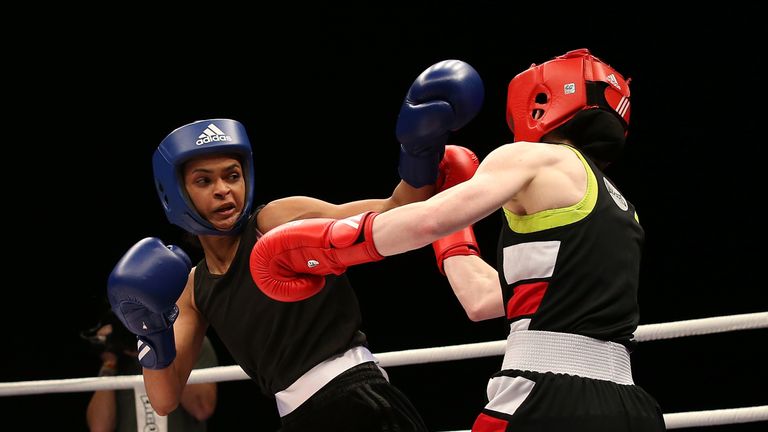 Ramla Ali (blue gloves) in action against Rachael Mackenzie in their 54kg final bout during day three of the Boxing Elite National Championships at Echo Arena on May 01, 2016 in Liverpool, England