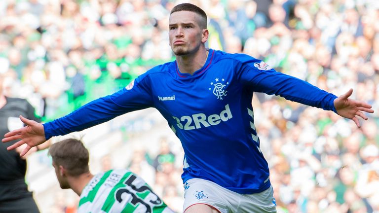 Ryan Kent celebrates scoring an equaliser for Rangers at Celtic