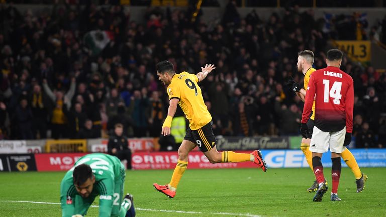 Raul Jimenez celebrates scoring Wolves' first goal against Manchester United in the FA Cup quarter-final win at Molineux