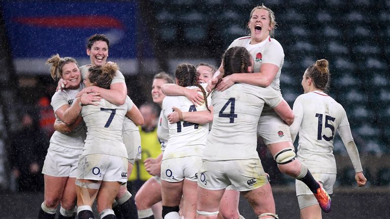 England celebrate winning the Grand Slam following the Women's Six Nations match between England Women and Scotland Women at Twickenham Stadium on March 16, 2019 in London, England. 
