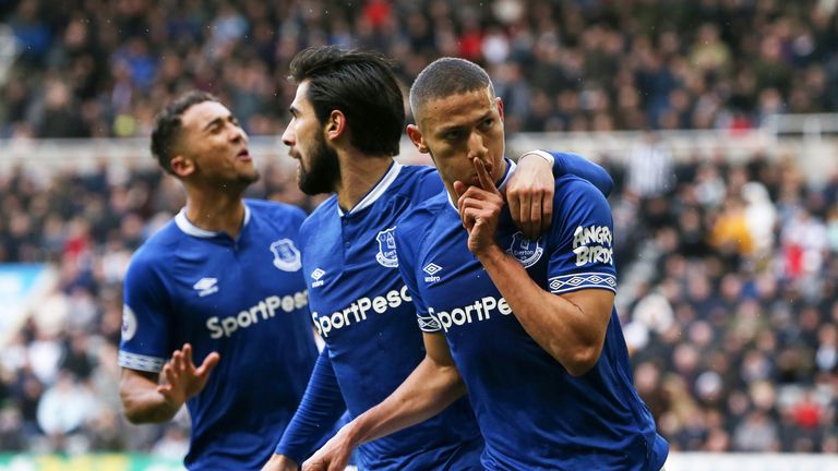 Richarlison puts a finger to his lips in celebration after doubling Everton's lead