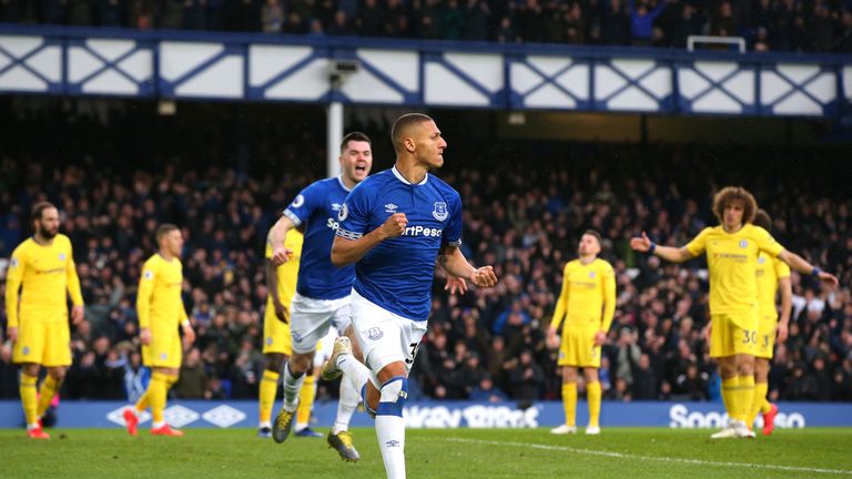 Richarlison celebrates scoring for Everton against Chelsea