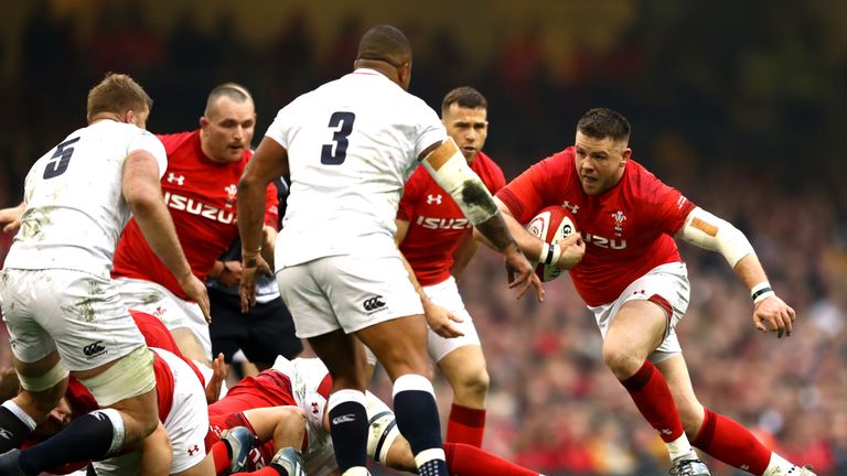 Rob Evans of Wales runs with the ball during the Guinness Six Nations match between Wales and England at Principality Stadium on February 23, 2019 in Cardiff, Wales.