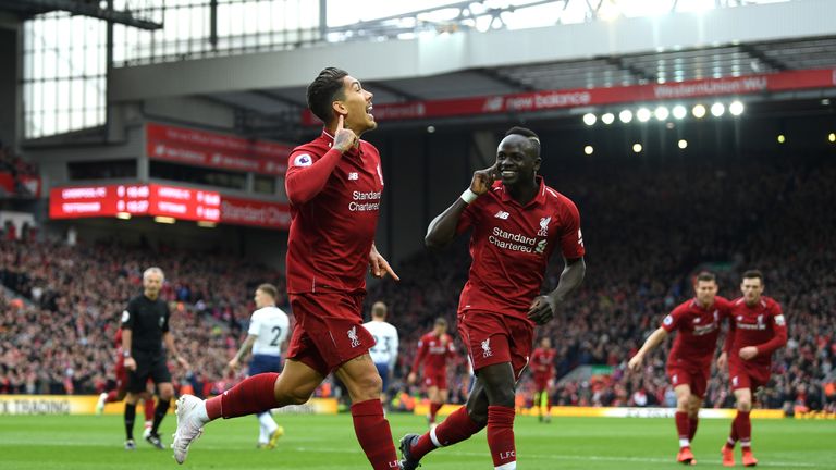 Roberto Firmino celebrates scoring against Tottenham