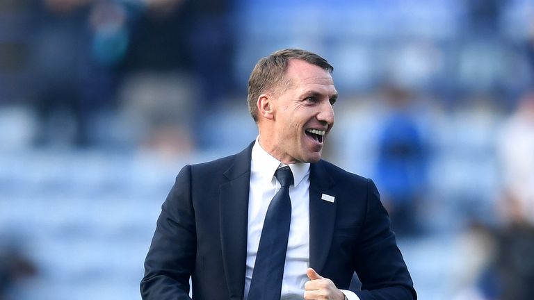 Brendan Rodgers celebrates after Leicester beat Bournemouth in the Premier League.