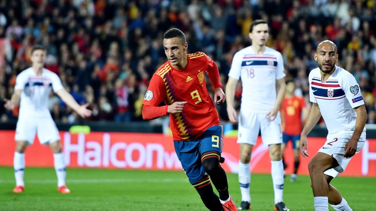 Striker Rodrigo wheels away after firing Spain ahead in the first half against Norway