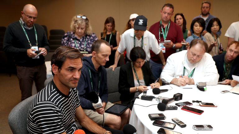 Roger Federer of Switzerland fields questions from the media at the ATP Media Day during the BNP Parabas Open at the Indian Wells Tennis Garden on March 06, 2019 in Indian Wells, California