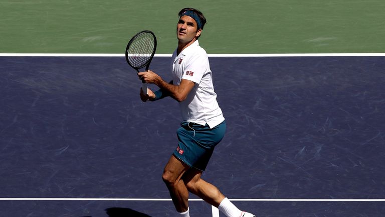 Roger Federer of Switzerland plays Hubert Hurkacz of Poland during the quarterfinals of the BNP Paribas Open at the Indian Wells Tennis Garden on March 15, 2019 in Indian Wells, California