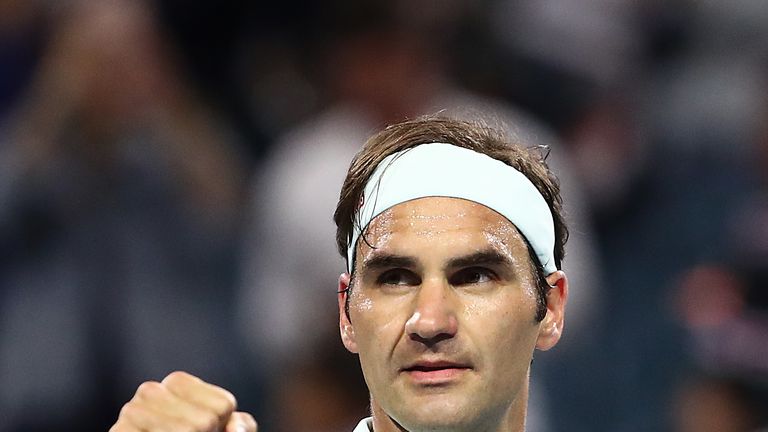 Roger Federer of Switzerland thanks the support after his 3 set win over Radu Albot of Moldova during the Miami Open Tennis on March 23, 2019 in Miami Gardens, Florida. 