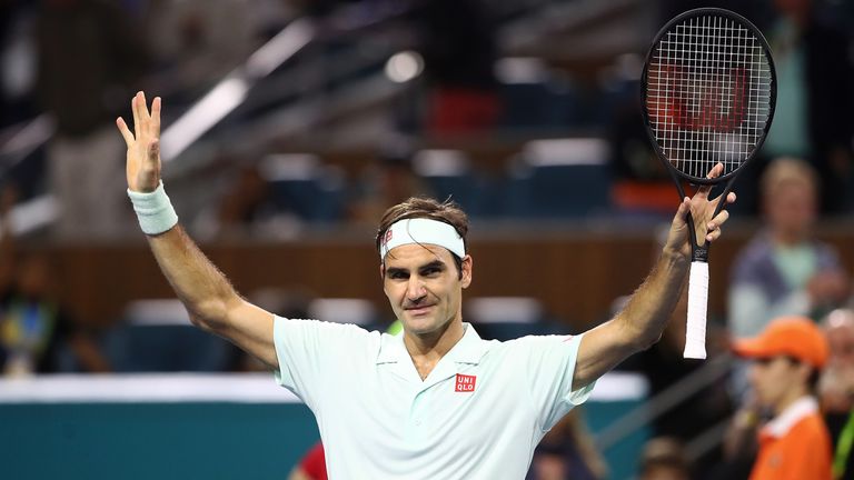Roger Federer of Switzerland celebrates defeating Kevin Anderson of South Africa during day eleven of the Miami Open tennis on March 28, 2019 in Miami Gardens, Florida. 