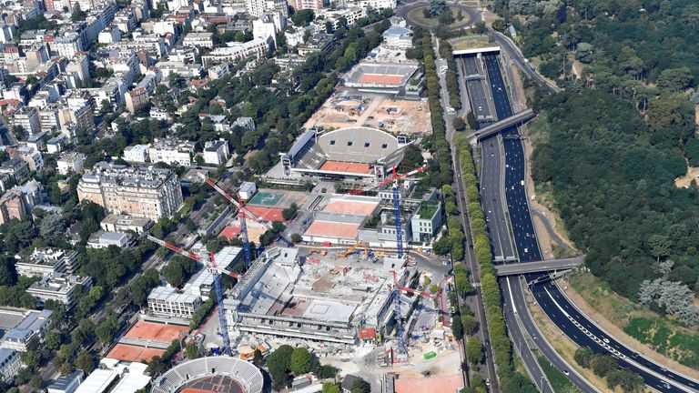 This aerial view taken on July 14, 2018, shows the Roland Garros Stadium in Boulogne-Billancourt, next to Paris. 
