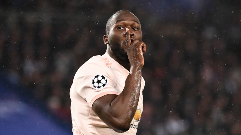 Romelu Lukaku celebrates scoring early for Manchester United against PSG in the Champions League last-16 second leg
