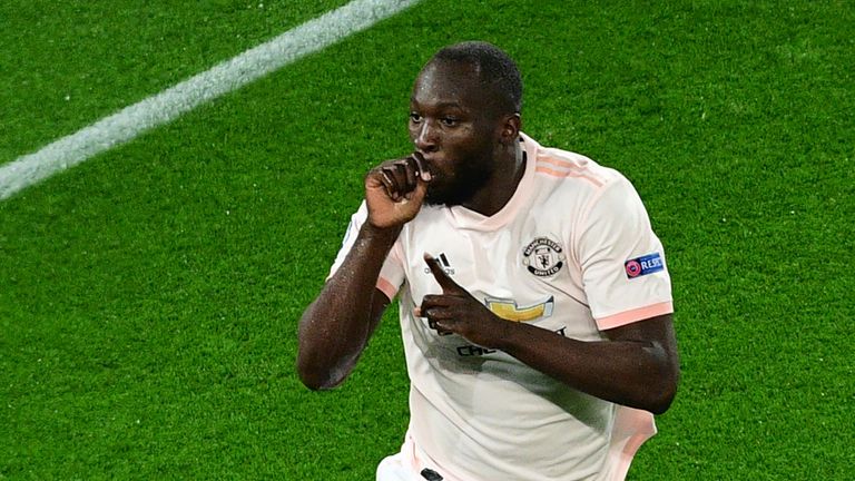 Romelu Lukaku celebrates his first goal against PSG in the Champions League last-16 second leg