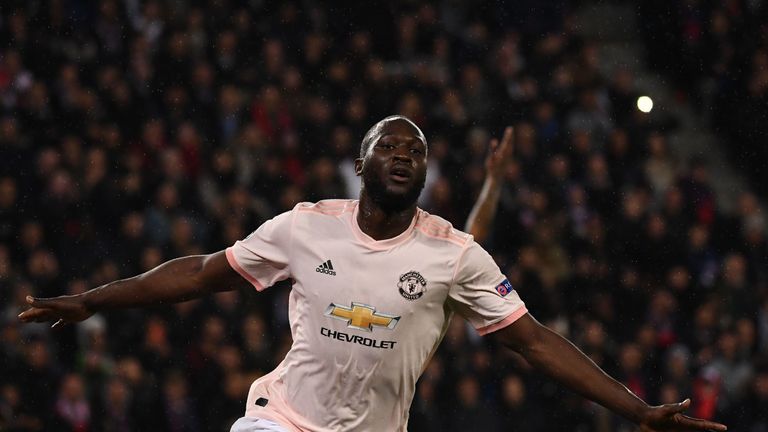 Romelu Lukaku celebrates his second goal against PSG in the Champions League last-16 second leg