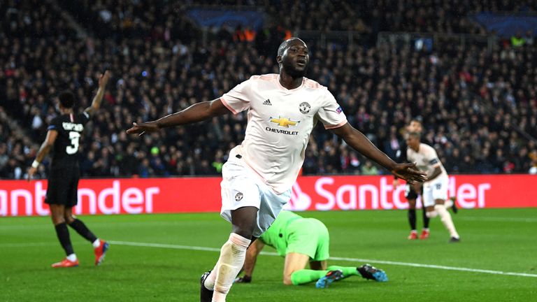 Romelu Lukaku celebrates his second goal against PSG in the Champions League last-16 second leg